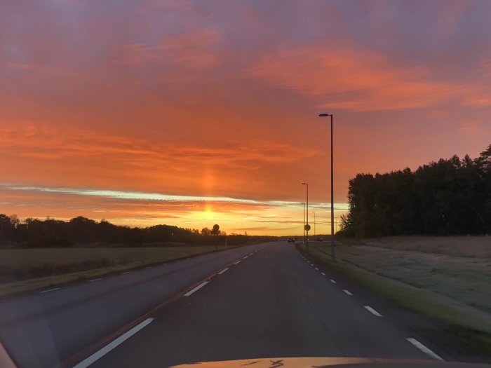 Dramatisk morgonhimmel med nyanser av orange och rosa över en landsväg, med siluetter av träd och gatlyktor.