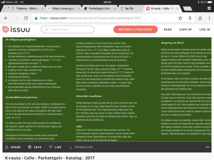 Skärmdump av en webbsida från K-rauta med information om golvvårdsinstruktioner for parkettgolv.