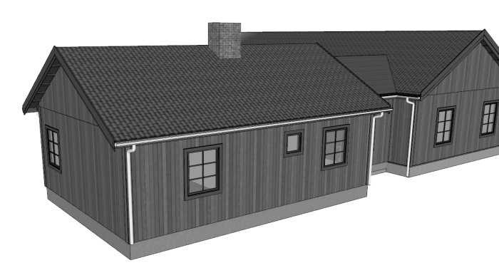 3D-modell av hus med 6x6 fönster på fasaden.