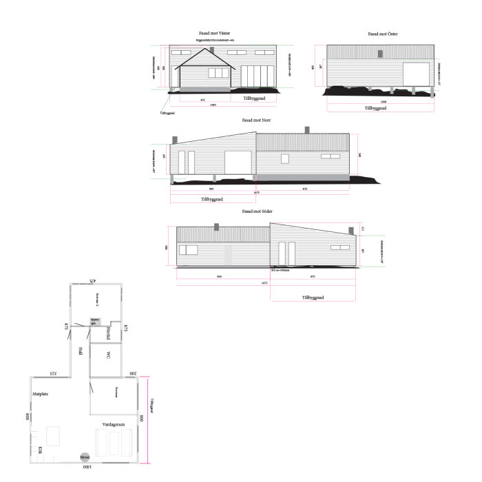 Bygglovshandlingar för tillbyggnad av sommarstuga med planlösning och fasadvyer.