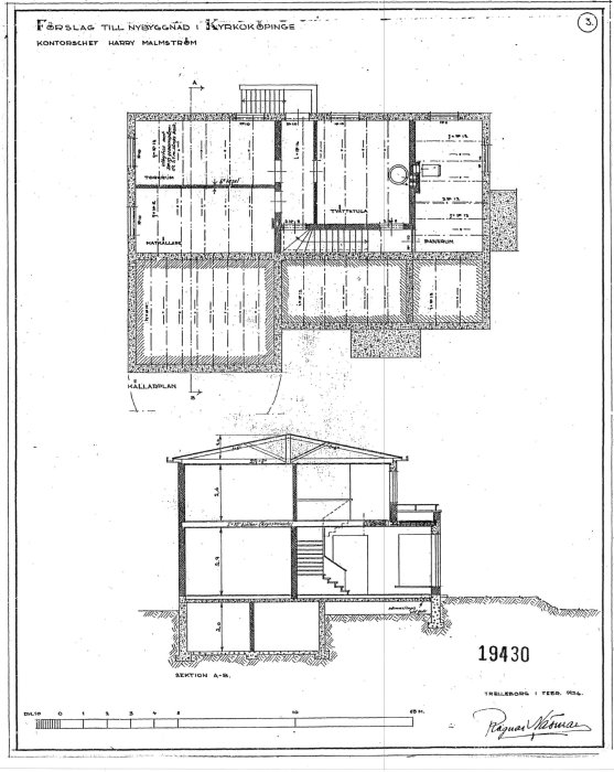 Arkitektritning över en källare och sektion A-B med måttangivelser, planerad inredning och bärstrukturer.