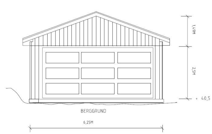 Ritning av en fristående garagebyggnad med måttangivelser, placerat på berggrund.