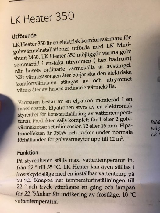 Fotografi av informativ text om LK Heater 350, en elektrisk komfortvärmare för golvvärme.