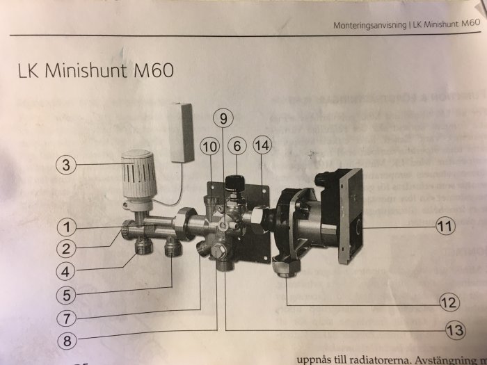 Monteringsanvisning för en LK Minishunt M60 med numrerade komponenter.