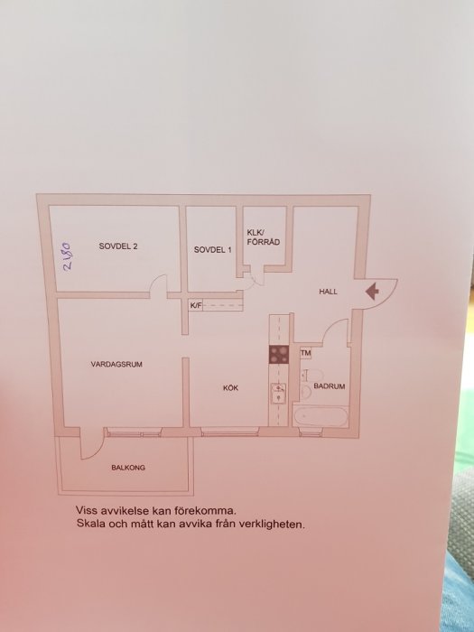 Ritning av lägenhet planerad för ombyggnad till en tvåa med ett litet sovrum, kök, vardagsrum och badrum.