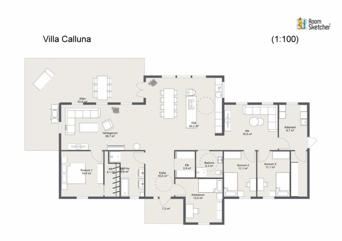 Ritad planlösning för Villa Calluna med etiketterade rum som vardagsrum, kök och sovrum samt möblering och måttangivelser.