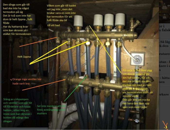 Värmerörsystem med märkta ventiler och skisserade instruktioner på bilden.