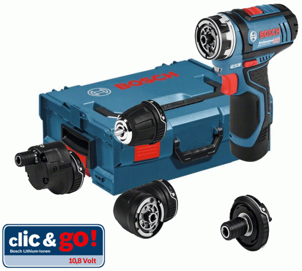 Bosch 12v skruvdragare med bitsfäste, vinkelchuck och låda.
