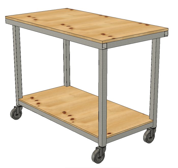 3D-modell av en mobil arbetsbänk med träskivor och metallrör samt hjul på en CAD-design i Fusion 360.