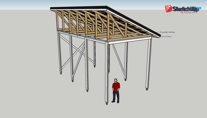 3D-modell av en carport designad i Sketchup med en 22-gradig taklutning och en personfigur under.