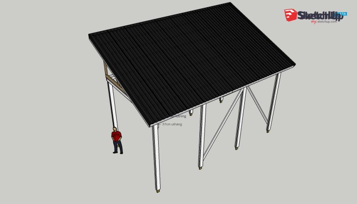 3D-skiss i SketchUp av en planerad carport med mått och taklutning noterade.
