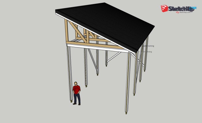 3D-skiss av en carport för husvagn med mått och taklutning, ritad i SketchUp, inklusive en figur för skala.