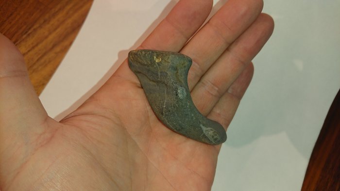 En hand håller en ovanligt formad sten som påminner om ett möjligt fossil eller slagg från järnförädling.