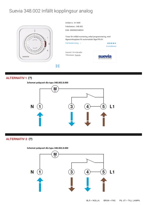 Infällt analogt kopplingsur från Suevia ovanför två schematiska kopplingsalternativ för elektrisk installation.