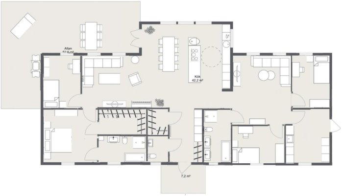 Ritning av husplan med symmetrisk entré och stor tvättstuga, inklusive möblering och måttangivelser.