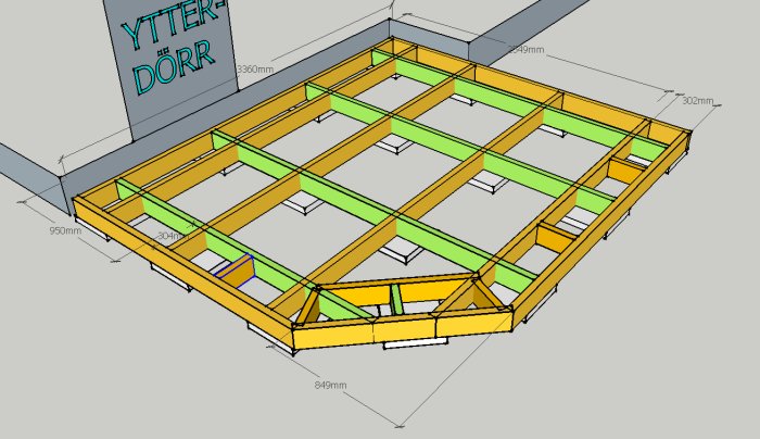 CAD-ritning av en flytande entrébro konstruktion i trä intill en ytterdörr, med måttangivelser.