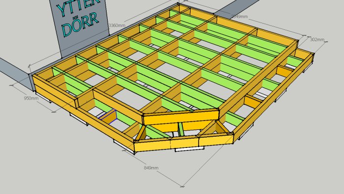 3D-ritning av en flytande entrébro i trä med måttangivelser och konstruktionsreglar.