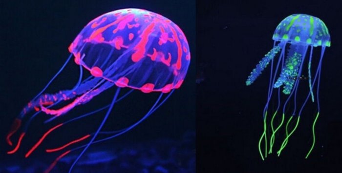 Två fluorescerande maneter i mörker, inspirationsbilder för havstemat i barnrummet.