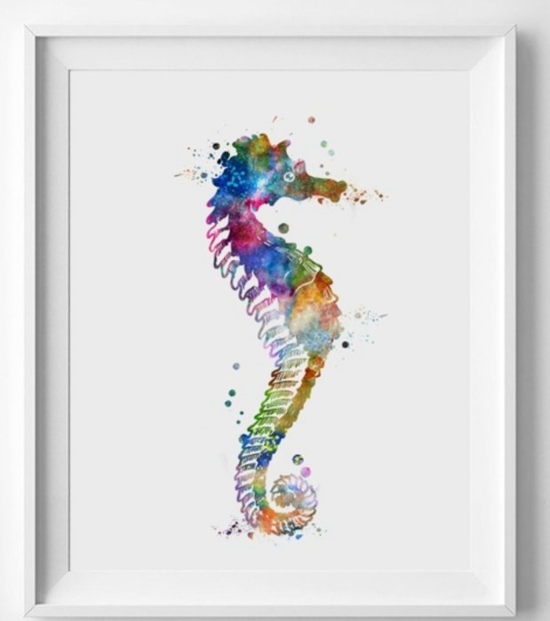 Inramad bild av en färgstark akvarellmålning föreställande en sjöhäst.