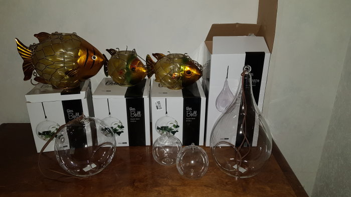 Tre fiskformade lyktor i guldton står på lådor bredvid glaskulor och en fiskformad lykta paketerad i brun kartong.