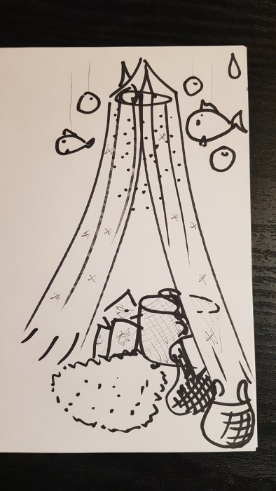 Teckning av en sänghimmel med fisk-lyktor, havsmotiv på kuddar och en blå matta, avsedd för ett mysigt sovrum.