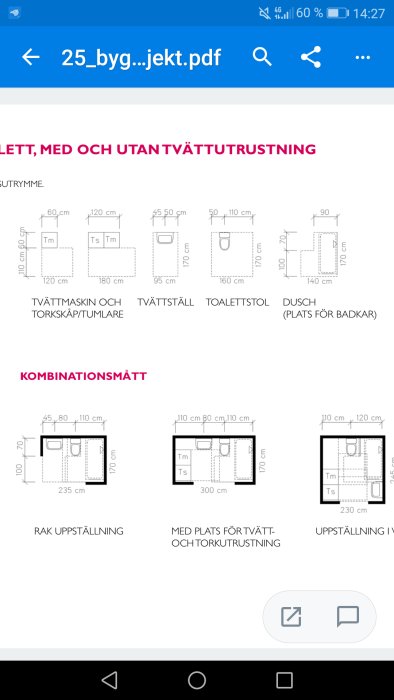 Schematiska ritningar på badrumsinredning, visar layout med mått för tvättmaskin, tvättställ, toalettstol och dusch.
