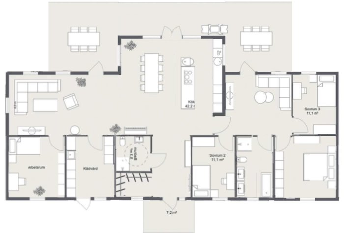 Översiktsbild av ett hus med rymlig hall, två badrum, angränsande sovrum, och separata uteplatser och klädvård.