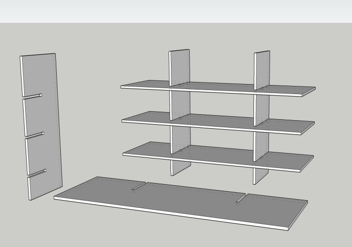 Skiss av hyllor med dimensionerande markeringar, visar 3 vertikala skivor och 4 hyllplan.