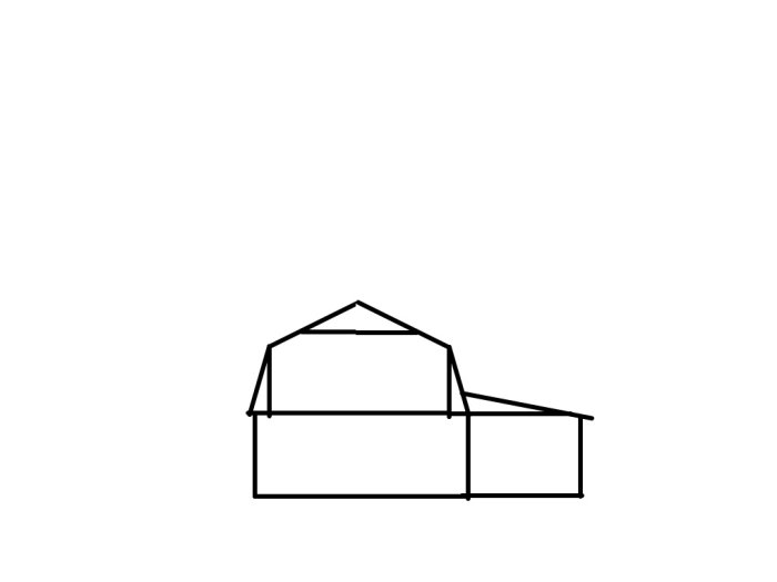 Skiss av hus med brutet tak som illustrerar komplexiteten i takkonstruktionen.
