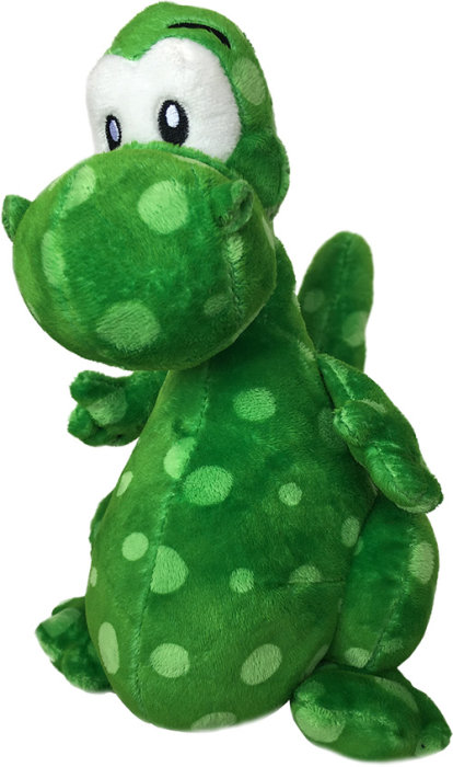 Grön plyschleksak som föreställer Yoshi, en dinosaurieliknande karaktär, med vita prickar.