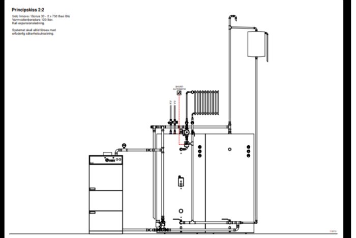 Principskiss av VVS-system med panna, expansionskärl och ledningar.