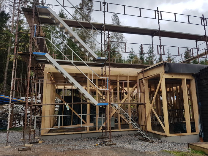 Byggnadsställning runt hus under konstruktion med andra våningen under uppbyggnad.