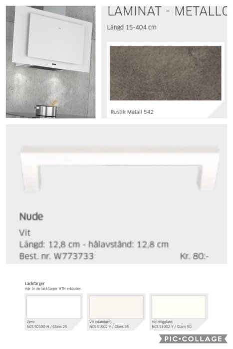 Collage av köksinredning med vit fläkt, rostfritt laminatprov, vit skåphandtag och vita lackfärger.