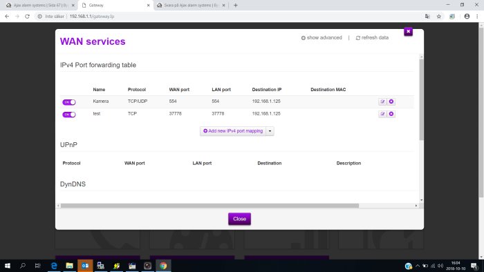 Skärmdump av IPv4 Port forwarding tabell med inställningar för en kamera och testpost.