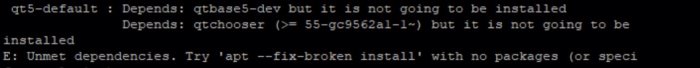 Terminalfönster med felmeddelande om oinstallerade beroenden för qt5-default under Linux-installation.