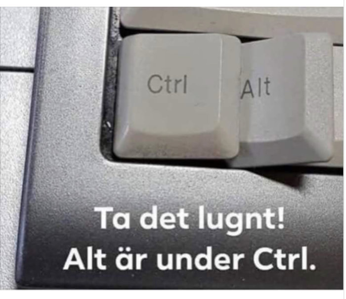 Tangentbord med Ctrl- och Alt-tangenter och texten "Ta det lugnt! Alt är under Ctrl.