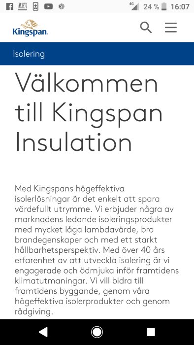 Skärmbild av informationsida om Kingspan isolering med text om deras högeffektiva isolerlösningar.