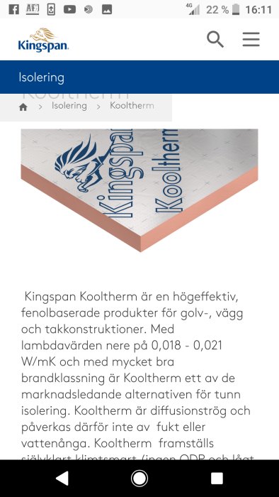 Informationsbild om Kingspan Kooltherm isolering med tekniska specifikationer för användning i golv, vägg och takkonstruktioner.