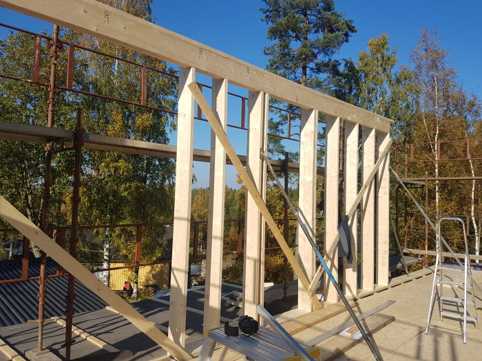 Träreglar och väggstomme under konstruktion på en byggplats med skog i bakgrunden.