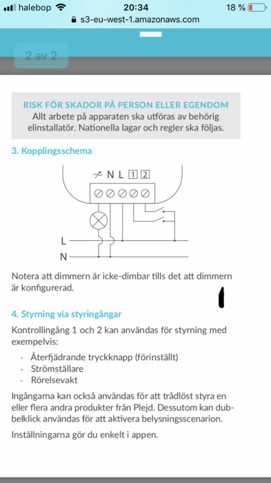 Kopplingsschema för elektrisk anslutning med varningar och anmärkningar om installation och konfigurering.