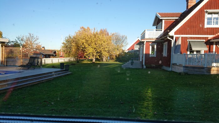 Utsikt från ett fönster över en trädgård med grönt gräs, fallfrukt och ett rött trähus med veranda.