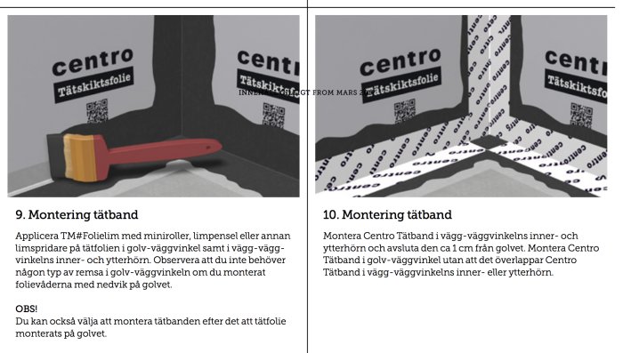 Anvisningsbilder för montering av självhäftande tätband vid golv- och väggvinkel i badrum.