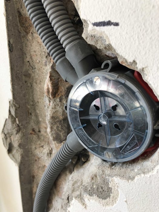 Elektrisk dosa delvis infälld i betongvägg med två utgående flexibla rör.