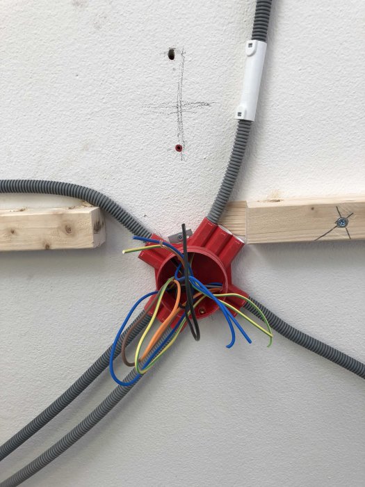 Elledningar i olika färger sticker ut från en röd eldosaskoppling på en vit vägg.
