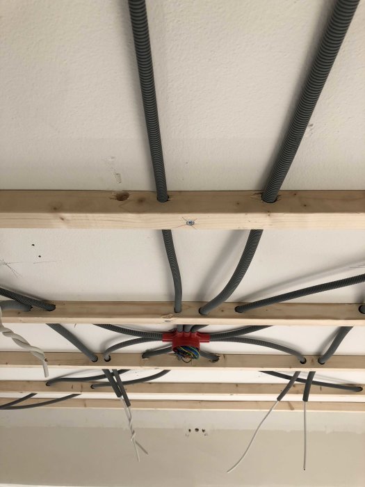 Elektrisk installation i taket med kablar och slangar som är fästa vid träreglar.