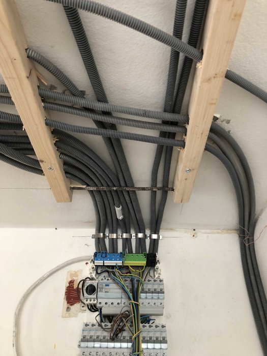 Installationscentral med kablar och kabelskyddsrör som leder in till en elcentral på en vägg.