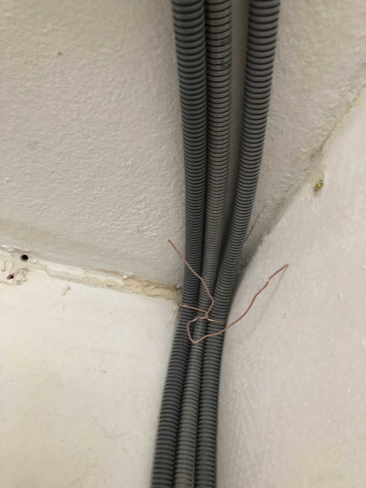 Elektriska kablar i flexibla skyddsrör som kommer ur en vägg, några med synliga ledningar.