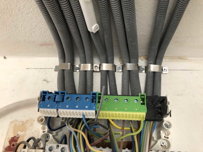Elinstallation med flera gråa elektriska rör anslutna till en blå och grön anslutningsdosa på en vägg.