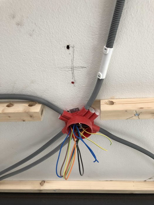 Elektriska installationer i tak med rör, kablar och kopplingsdosa under montage.
