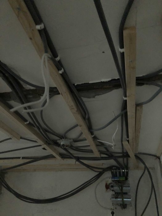 Öppet tak med synlig elinstallation, inklusive ledningar, rör och en elcentral.